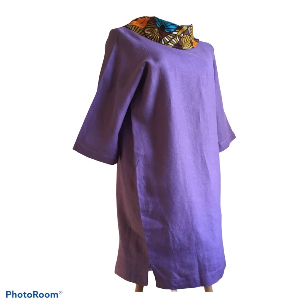 Dress Handcrafted Heavy Weight Purple Linen African Print Cowl-neck Size 2X